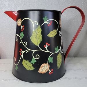 Vintage Toleware painted metal water pitcher hollyberry pinecone farmhou…